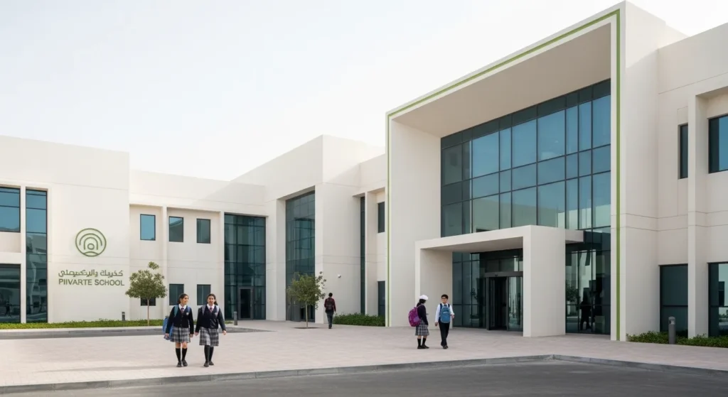 Modern private school campus in UAE with students walking near entrance in a clean and organized environment