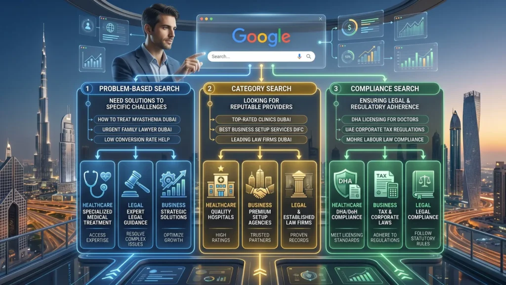 Search intent types in Dubai showing problem-based, category, and compliance service searches