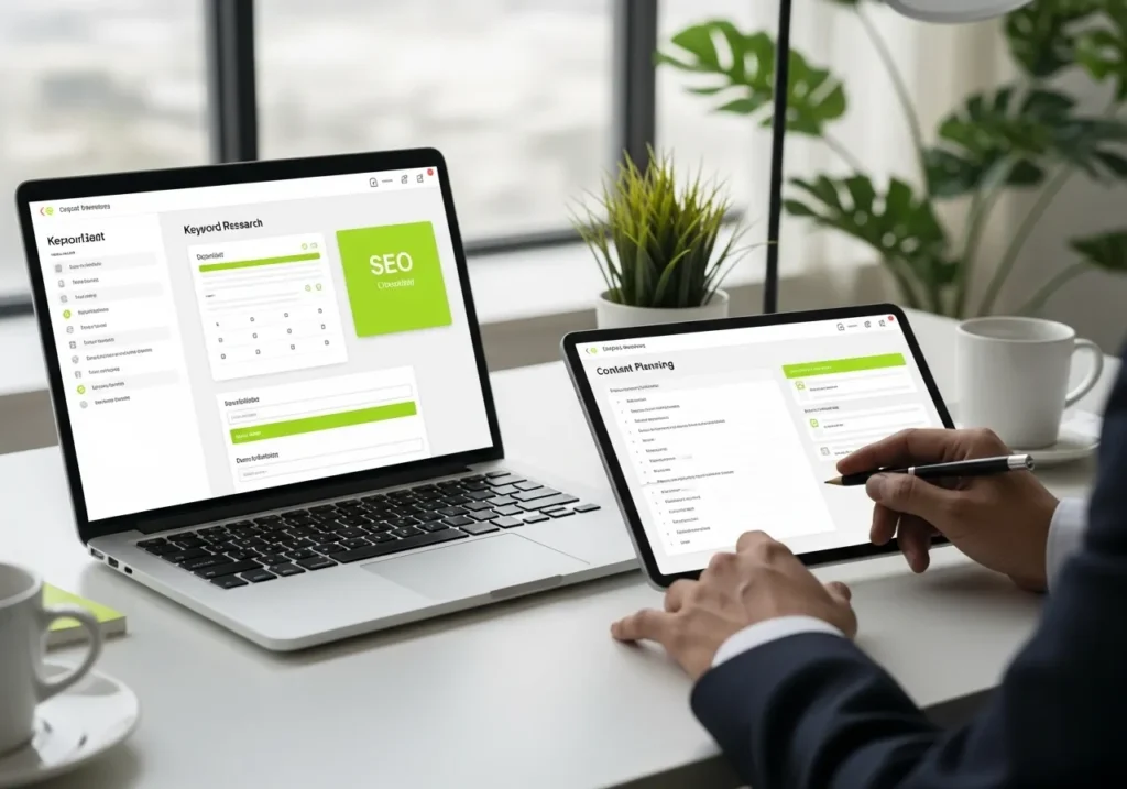 SEO keyword research and planning dashboard on laptop and tablet for uae startup