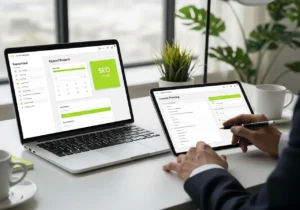 SEO keyword research and planning dashboard on laptop and tablet for uae startup