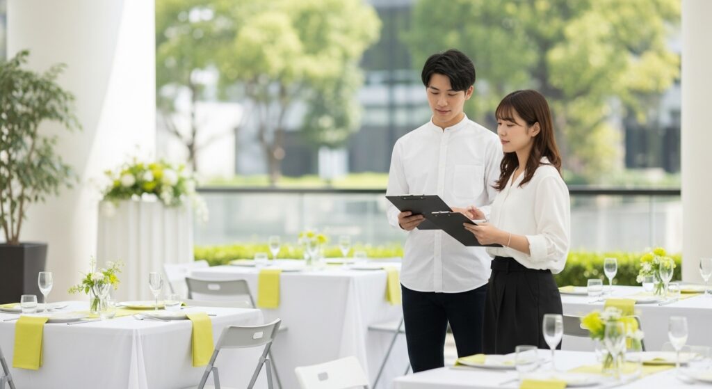 Professional event planners reviewing a corporate floor plan at a bright, modern indoor venue