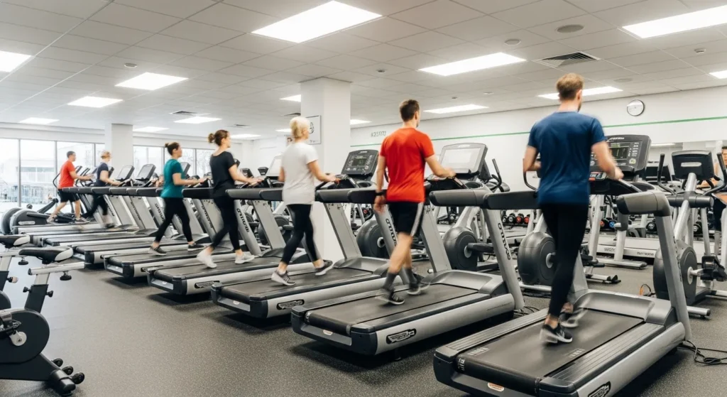 Modern gym interior with people running on treadmills – SEO for fitness centers and gyms in UAE, professional gym view after SEO optimization