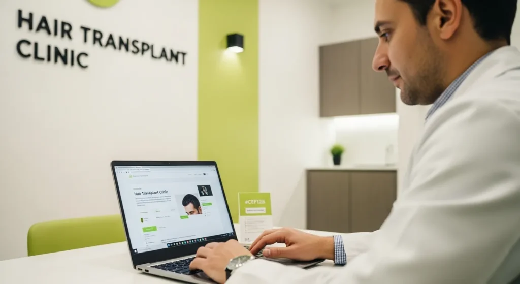 A male medical professional in a white coat working on a laptop in a modern office; the laptop screen displays a hair transplant clinic website, with a clear brand sign for 'Hair Transplant Clinic' on the wall in the background