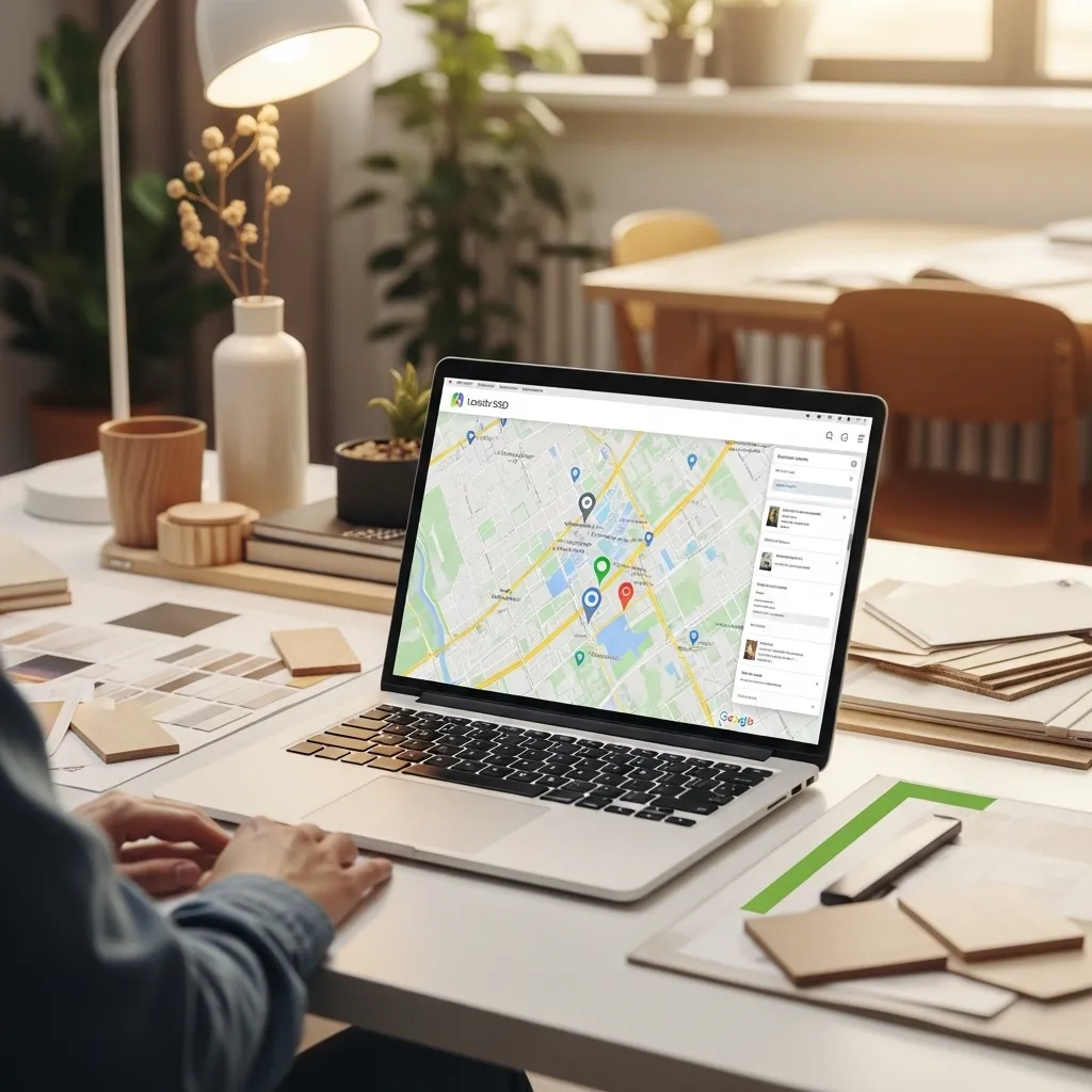 An interior designer working on a laptop displaying for interior design company a map with location pins, surrounded by material samples, color swatches, and design tools in a modern workspace