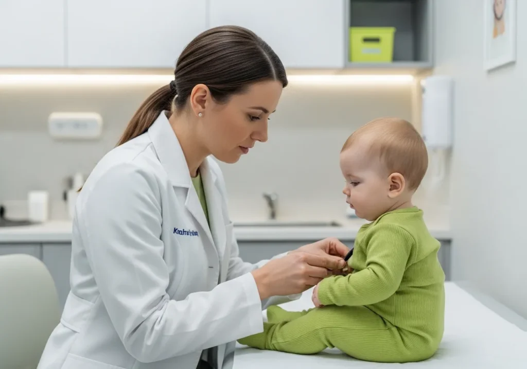 Female doctor examining a baby wearing a green outfit during a checkup in a modern pediatric clinic