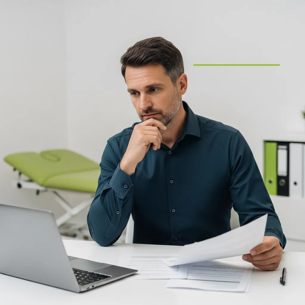 Physiotherapy clinic owner comparing SEO agency options on laptop and documents in a modern clinic office
