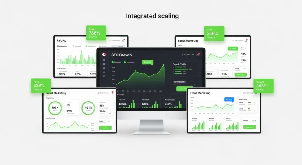Digital marketing analytics dashboard showing SEO growth, paid ads, email marketing, and social media performance metrics, focused on scaling digital marketing for UAE businesses.