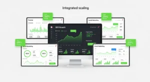 Digital marketing analytics dashboard showing SEO growth, paid ads, email marketing, and social media performance metrics, focused on scaling digital marketing for UAE businesses.
