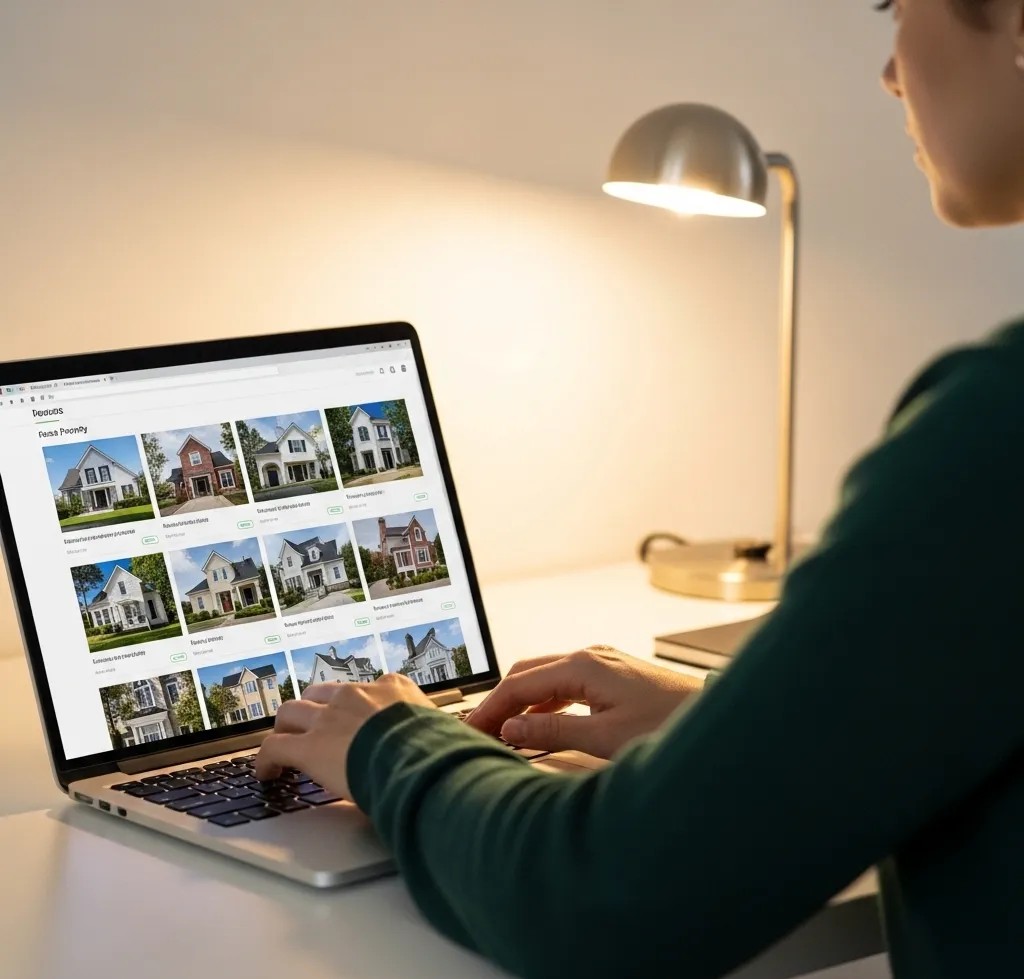 user browsing real estate listings on laptop – seo for real estate company in uae