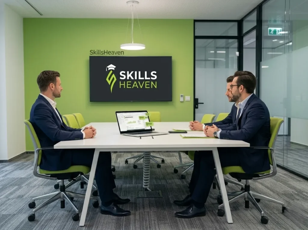 Business meeting with laptop showing SEO strategy dashboard during discussion with SkillsHeaven team in a modern corporate office