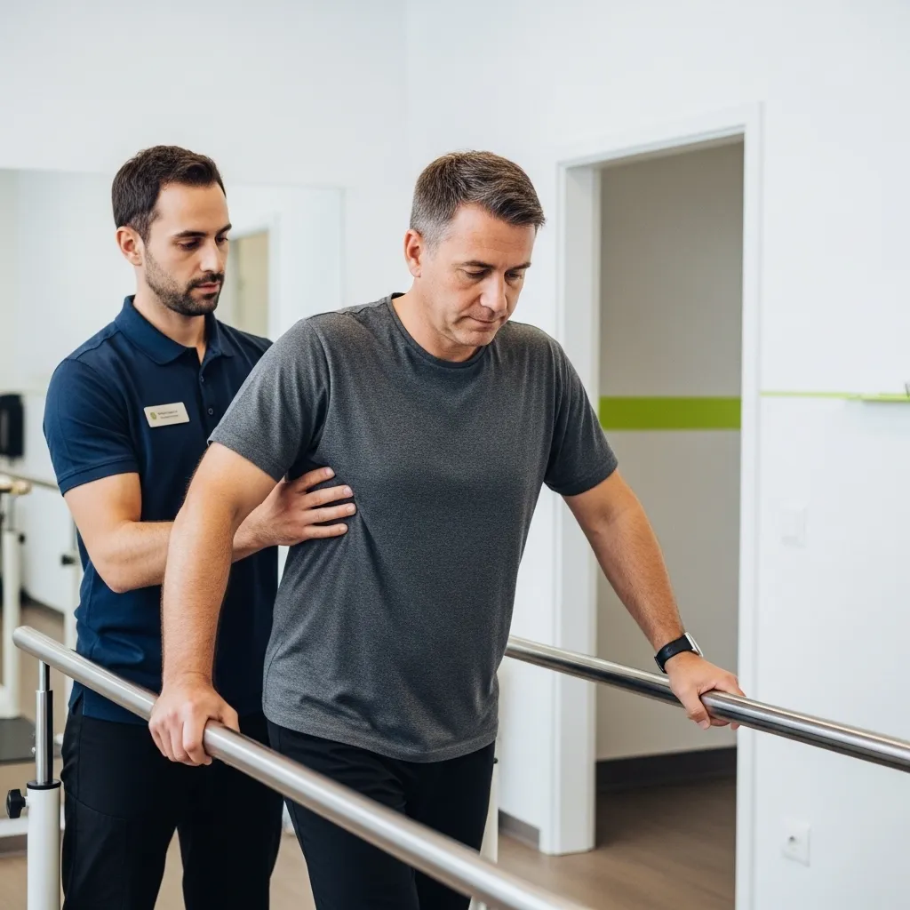 Male physiotherapist assisting a male patient during walking rehabilitation exercise in a modern physiotherapy clinic
