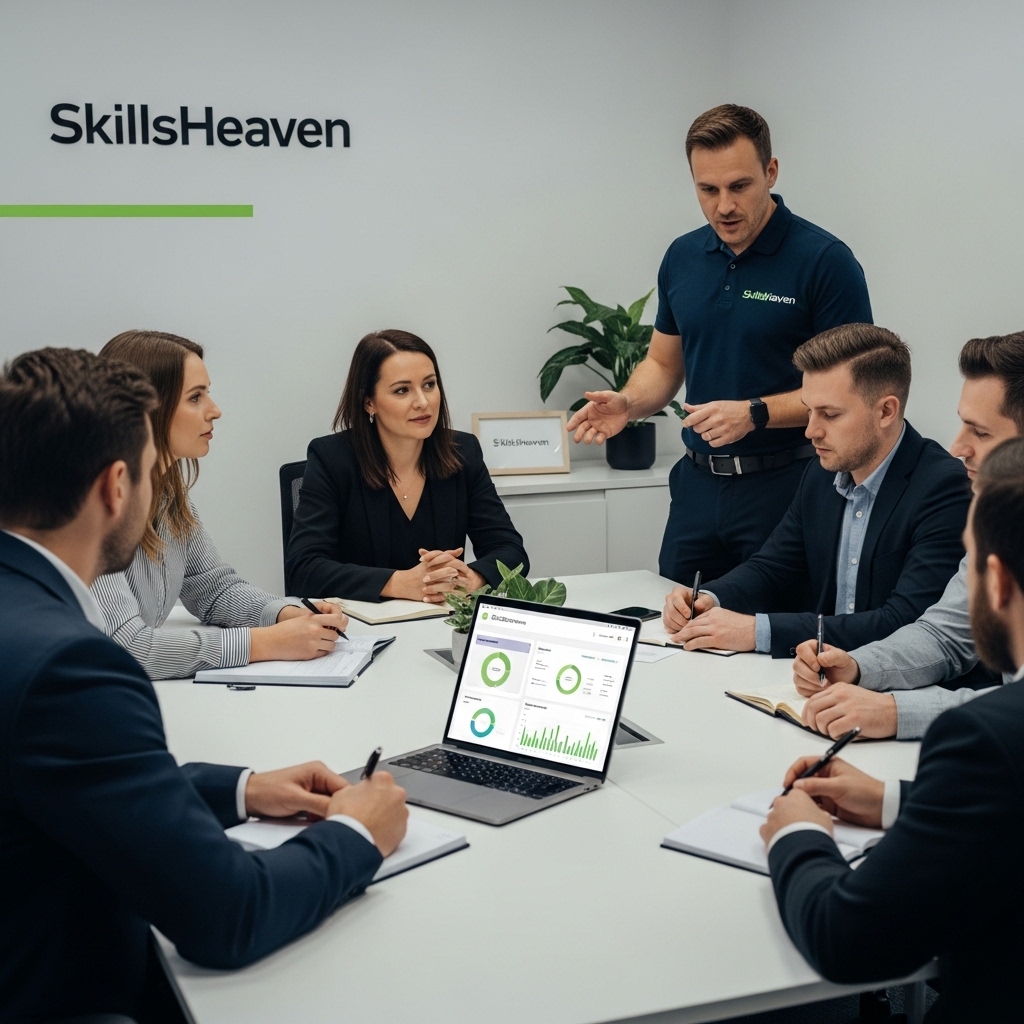 Startegy Discussion Session about SEO for Corporate Training Institutes in UAE at SkillsHeaven office with professionals reviewing analytics dashboard