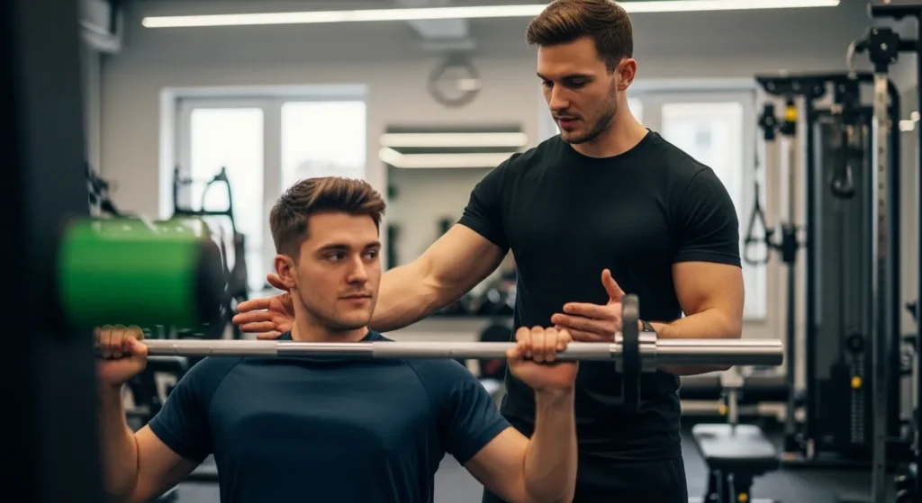 Professional gym trainer assisting client with barbell workout in modern fitness center– SEO for Fitness Centers & Gyms in UAE