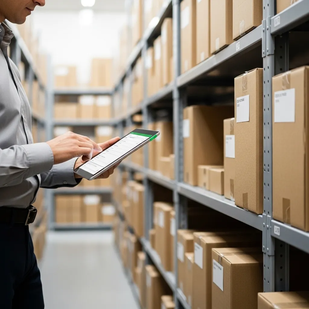 A warehouse worker using a tablet to check inventory while standing beside shelves filled with labeled cardboard boxes.