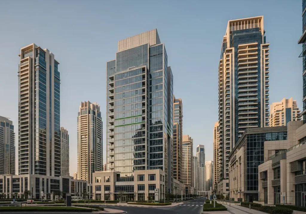 Modern high-rise buildings in a clean urban city with glass skyscrapers and wide streets