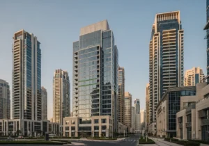 Modern high-rise buildings in a clean urban city with glass skyscrapers and wide streets