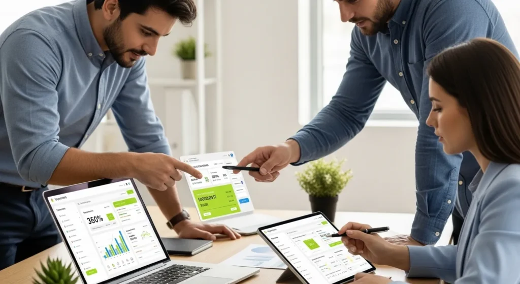 Small Businesses in UAE Can Compete Online – team analyzing digital marketing data on laptop and tablet in office
