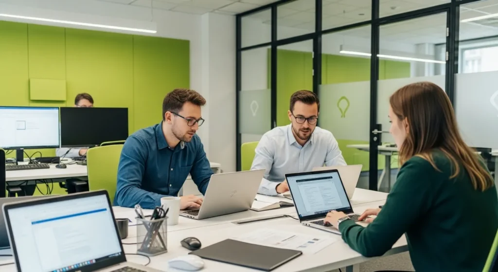 IT professionals discussing a project while working on laptops in a modern software company office environment