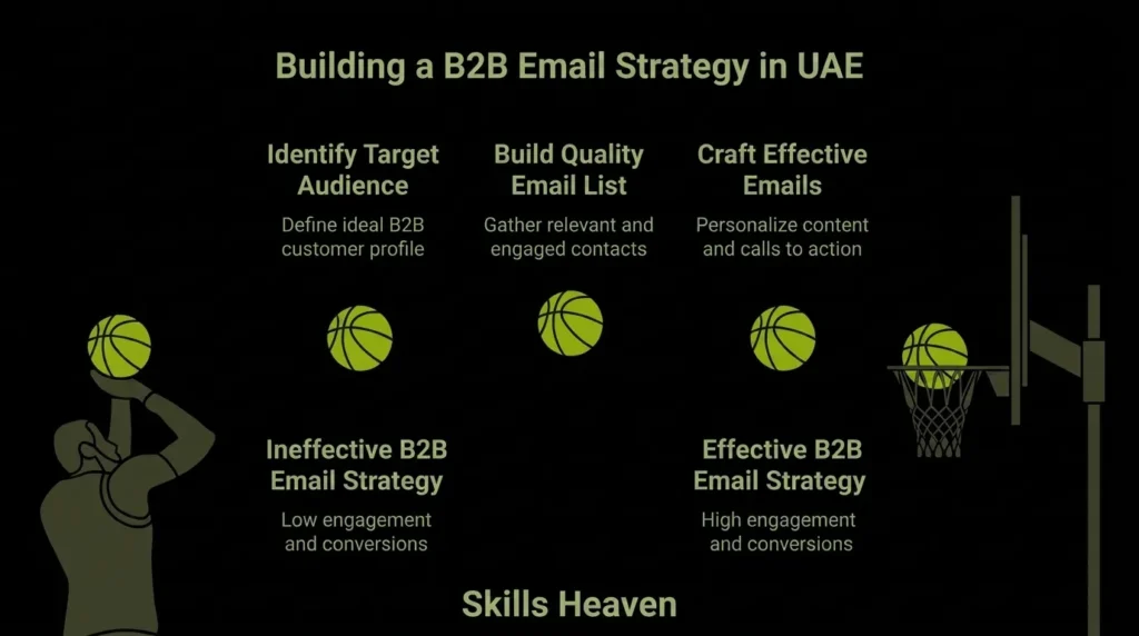 A basketball-themed infographic titled "Building a B2B email strategy in UAE," depicting a player shooting a ball through stages like identifying target audience, building quality lists, and crafting effective emails to move from low engagement to a high-converting strategy.