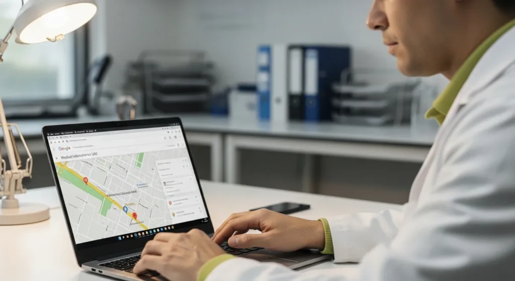 A medical lab professional using a laptop showing Google Maps search for medical laboratories in UAE in a modern workspace