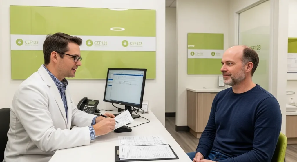 A male specialist in a white medical coat sitting at a desk and consulting with a male patient. The specialist is holding a pen and documents, with a computer monitor and branded lime green wall signage in a clean, modern hair transplant clinic office.