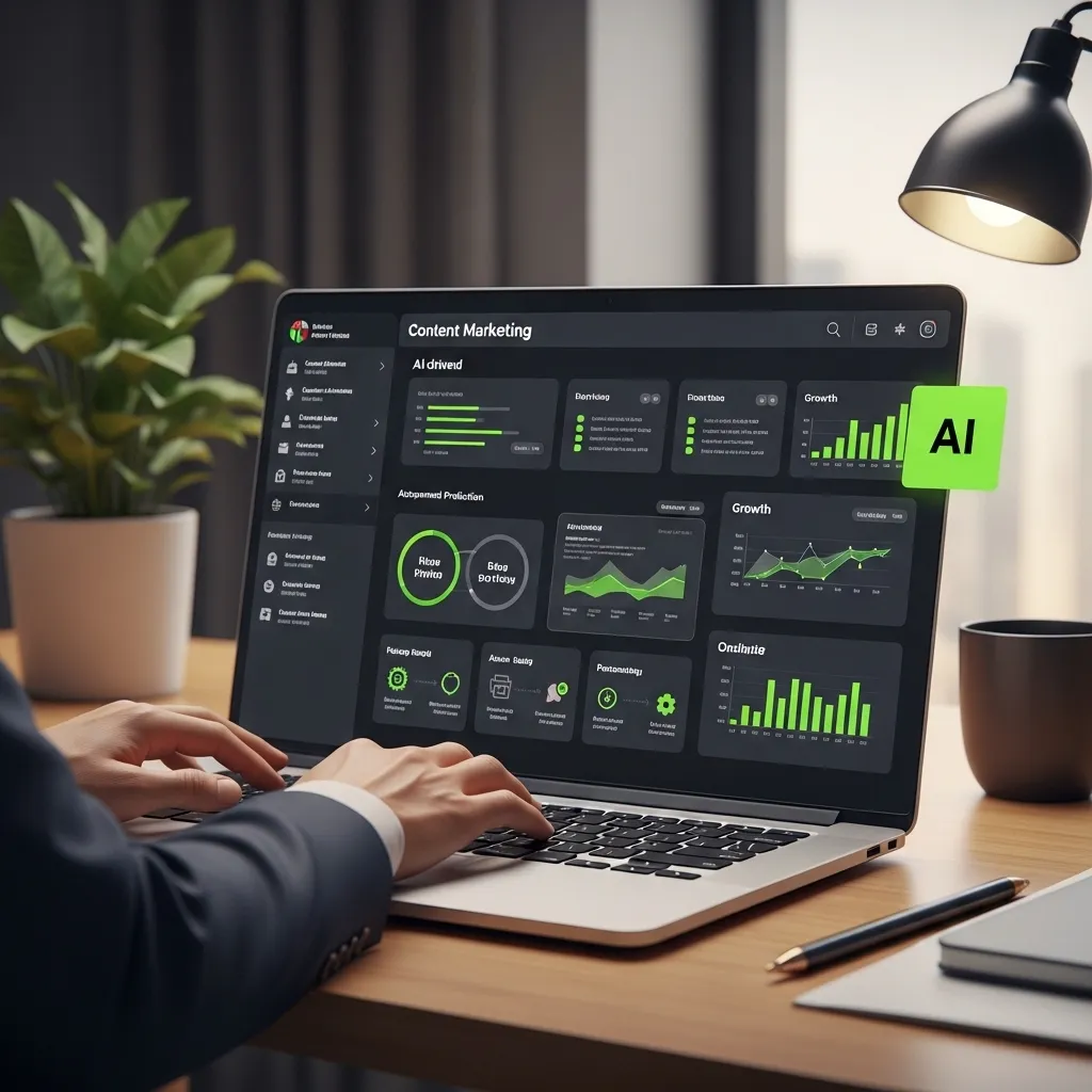 AI driven content marketing dashboard on laptop showing analytics growth performance and data insights