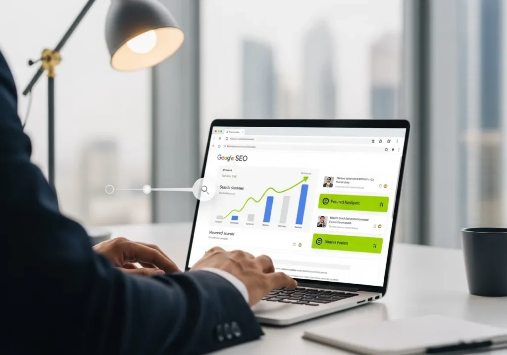 Business professional analyzing SEO performance dashboard on laptop, showing growth trends and analytics in modern office, future of SEO in UAE