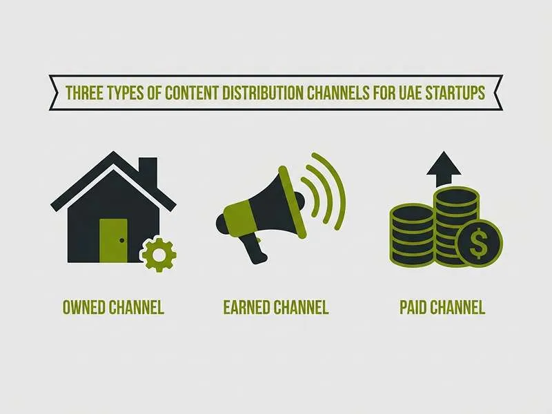 Infographic explaining the three types of best content distribution channels—owned, earned, and paid—for UAE startups.