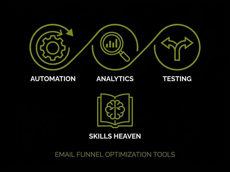 Graphic illustrating email funnel optimization tools, featuring icons for automation, analytics, and testing.