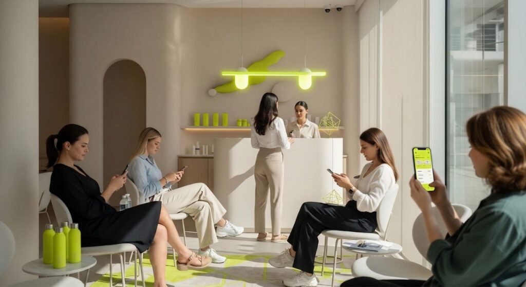 A modern clinic waiting area where several women are seated using their smartphones, while a receptionist assists a standing patient at the front desk.
