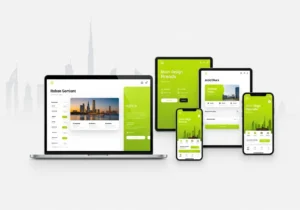 Modern responsive UI/UX design mockup displayed on laptop, tablet, and smartphones with green theme, showcasing dashboard and mobile app interfaces inspired by Dubai skyline.