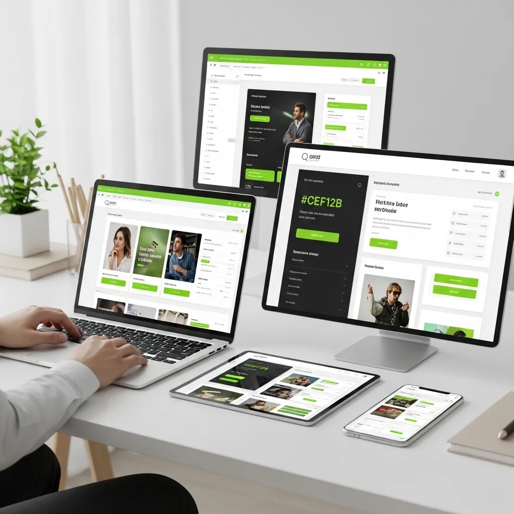 Responsive UI/UX design workspace showing dashboard and mobile app interfaces on laptop, desktop, tablet, and smartphone with modern green theme inspired by UI/UX design trends in Dubai.