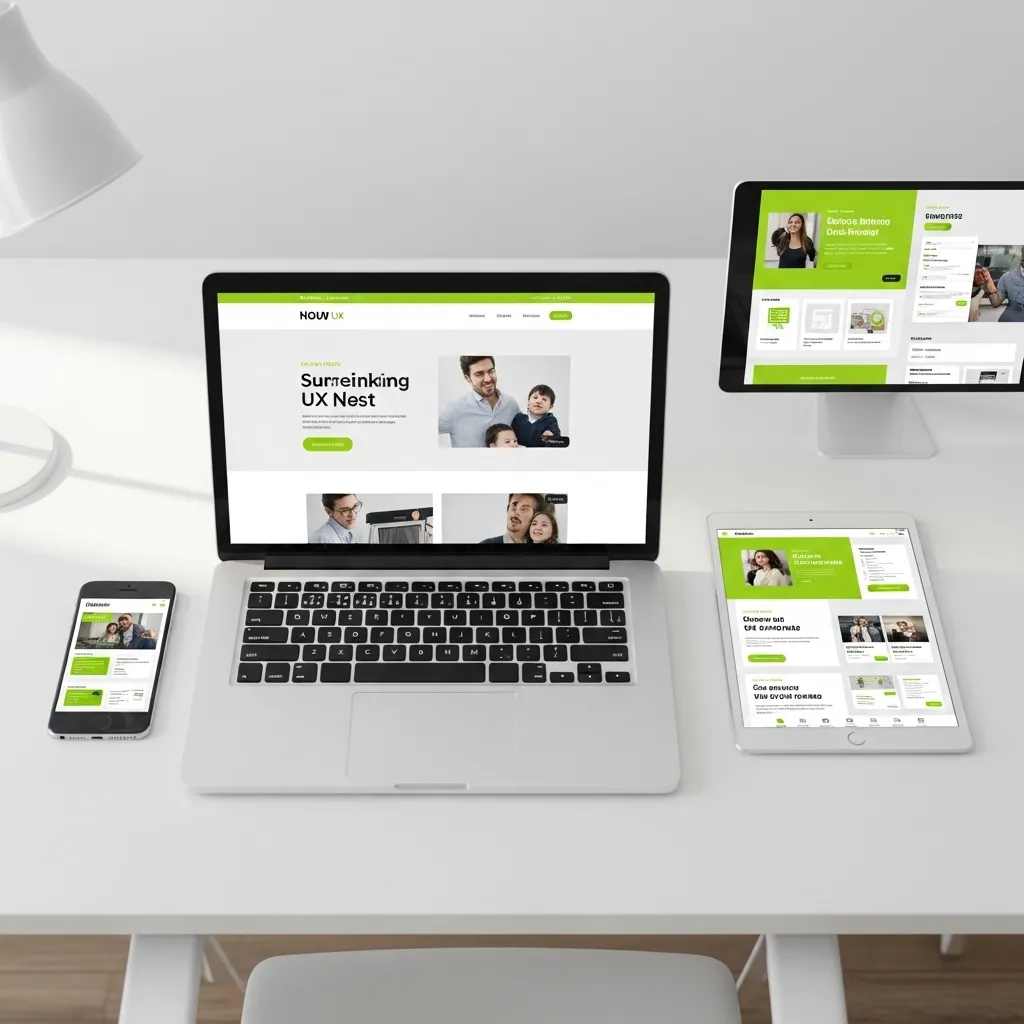 Responsive UI/UX website design displayed on laptop, desktop monitor, tablet, and smartphone with clean green interface, inspired by UI/UX design trends in Dubai.