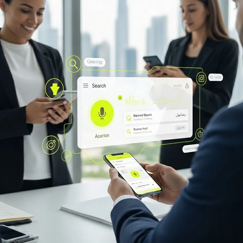 Voice Search Optimisation in UAE with business professionals using AI voice search on smartphones and digital interface