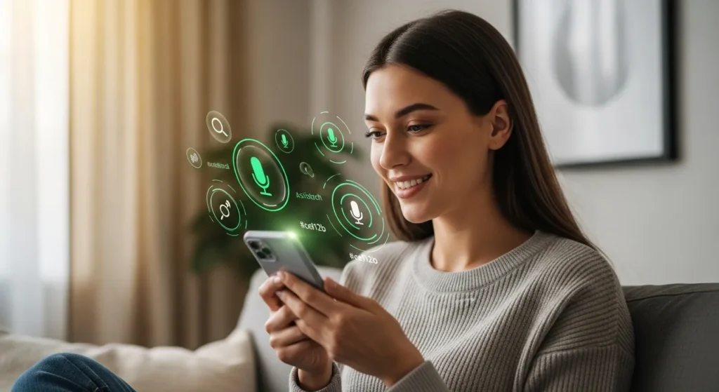 Voice Search Optimisation in UAE with woman using AI voice assistant on smartphone for smart search experience