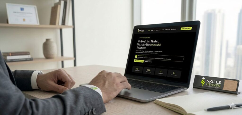 Aesthetic skincare clinic website audit consultation being performed on laptop in UAE