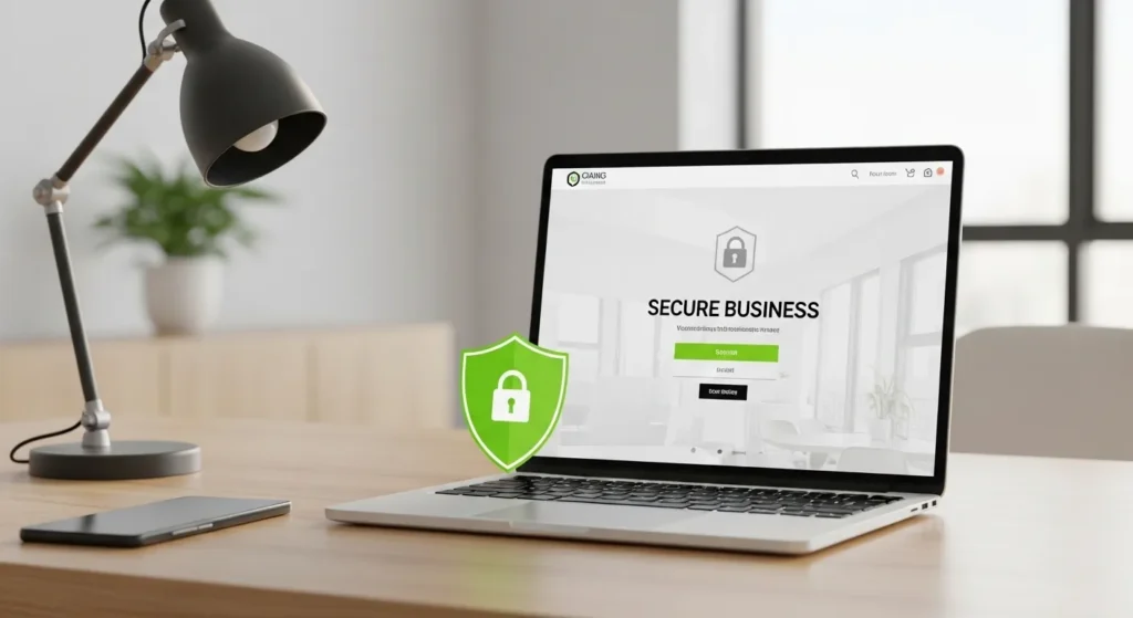 Website Security for UAE Companies concept showing secure business login on laptop with shield lock icon on office desk