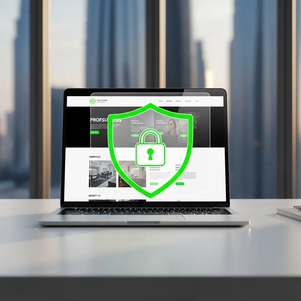 Website Security for UAE Companies concept showing secure website on laptop with green shield lock icon in modern office