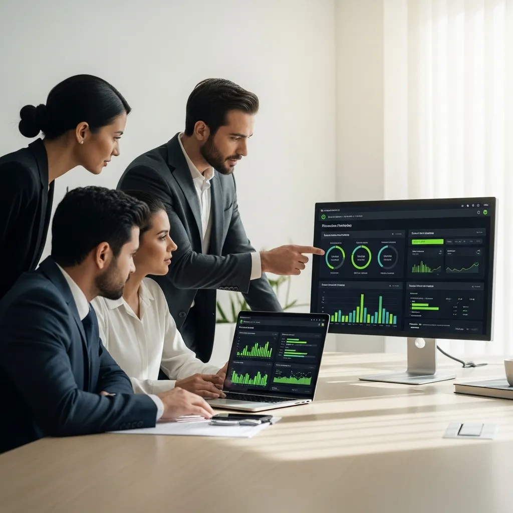 Website Security for UAE Companies team analyzing cybersecurity dashboard and business data on desktop and laptop screens