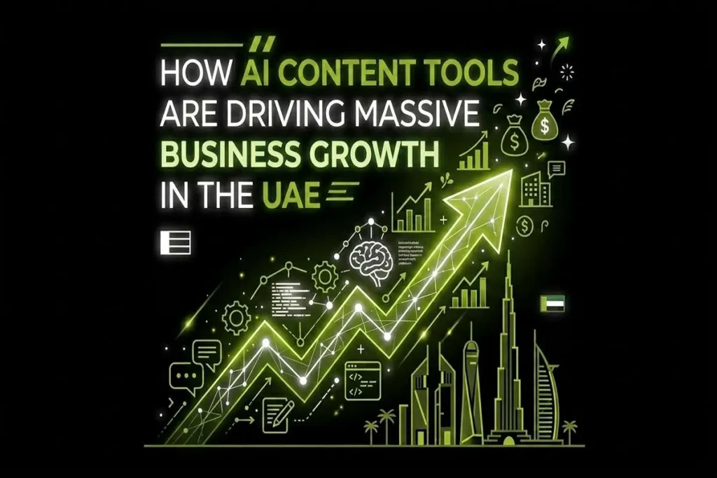 Infographic titled How AI Content Tools Are Driving Massive Business Growth in the UAE, featuring a glowing upward arrow, data visualization icons, and a detailed skyline of Dubai.