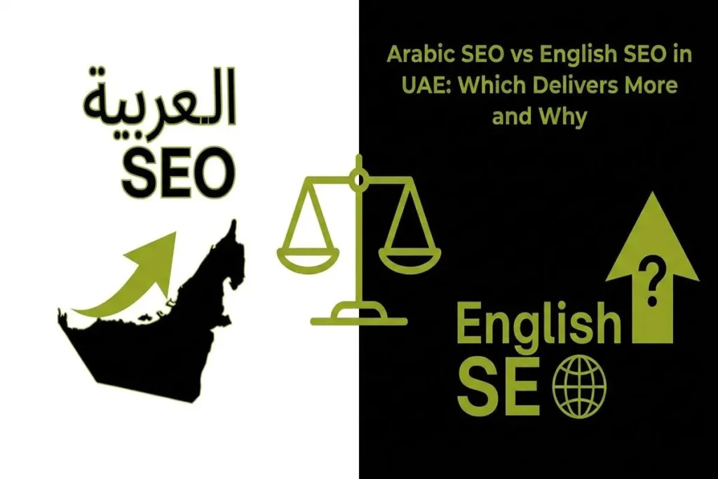 Arabic SEO vs English SEO in UAE infographic comparing ROI and market reach with a balance scale and UAE map outline.