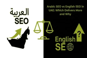Arabic SEO vs English SEO in UAE infographic comparing ROI and market reach with a balance scale and UAE map outline.