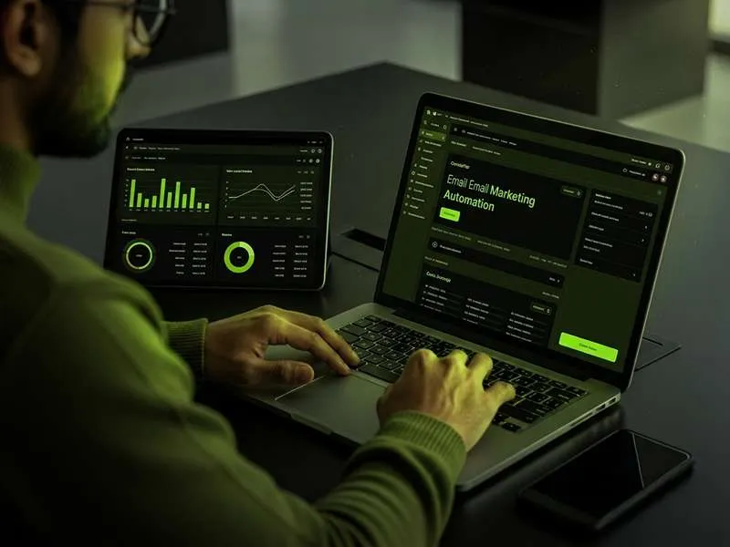 A specialist managing Arabic email marketing automation on a laptop, with a secondary tablet displaying campaign analytics.