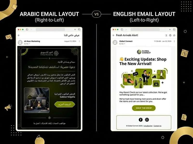 
Comparison of Arabic email marketing (RTL) vs English (LTR) layouts, showing right-to-left vs left-to-right structures.