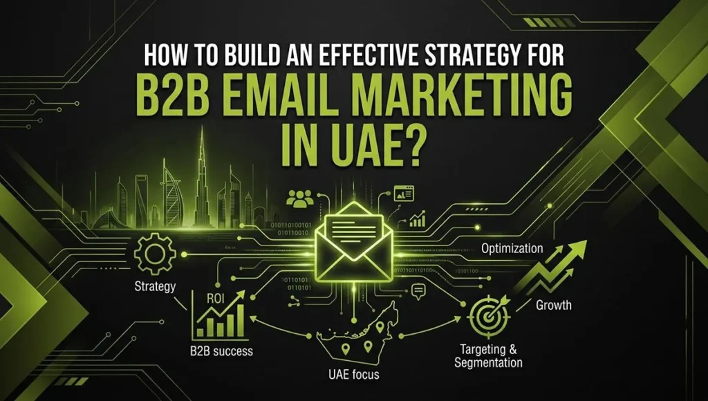 A comprehensive infographic on B2B email marketing in the UAE, featuring a central glowing email icon connected to strategic pillars including strategy, ROI, UAE focus, targeting and segmentation, optimization, and growth against a Dubai skyline background.