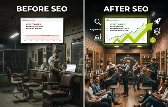 Before and aft results of Mens Grooming Salon SEO in UAE showing empty barbershop and busy salon with customers