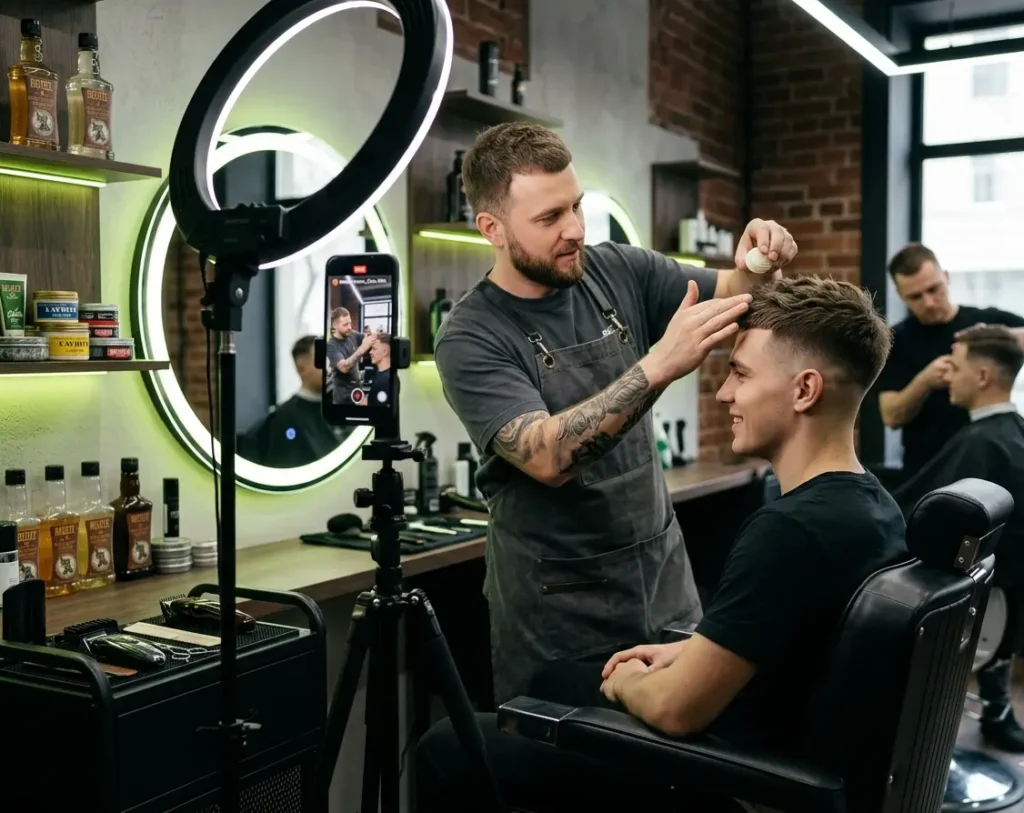 Barber recording haircut transformation video for social media marketing in Dubai barbershop