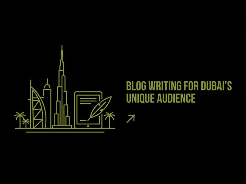 Infographic titled Blog Writing for Dubai’s Unique Audience, featuring a stylized outline of the Dubai skyline, including the Burj Khalifa and Burj Al Arab.