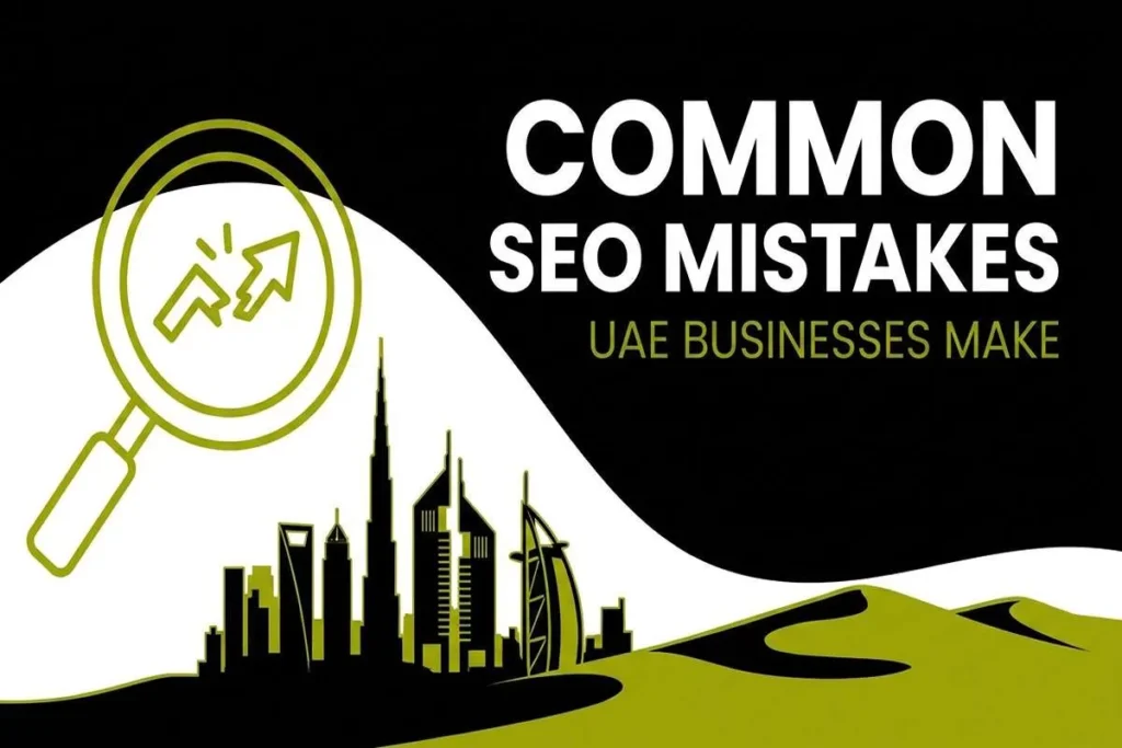 image contain left side graphics of UAE buildings and other side content "common SEO mistakes