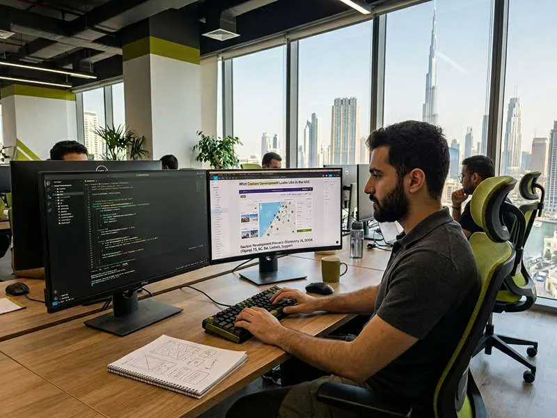 Infographic showing a WordPress vs custom website comparison, highlighting costs, speed, and flexibility in UAE 2026.
